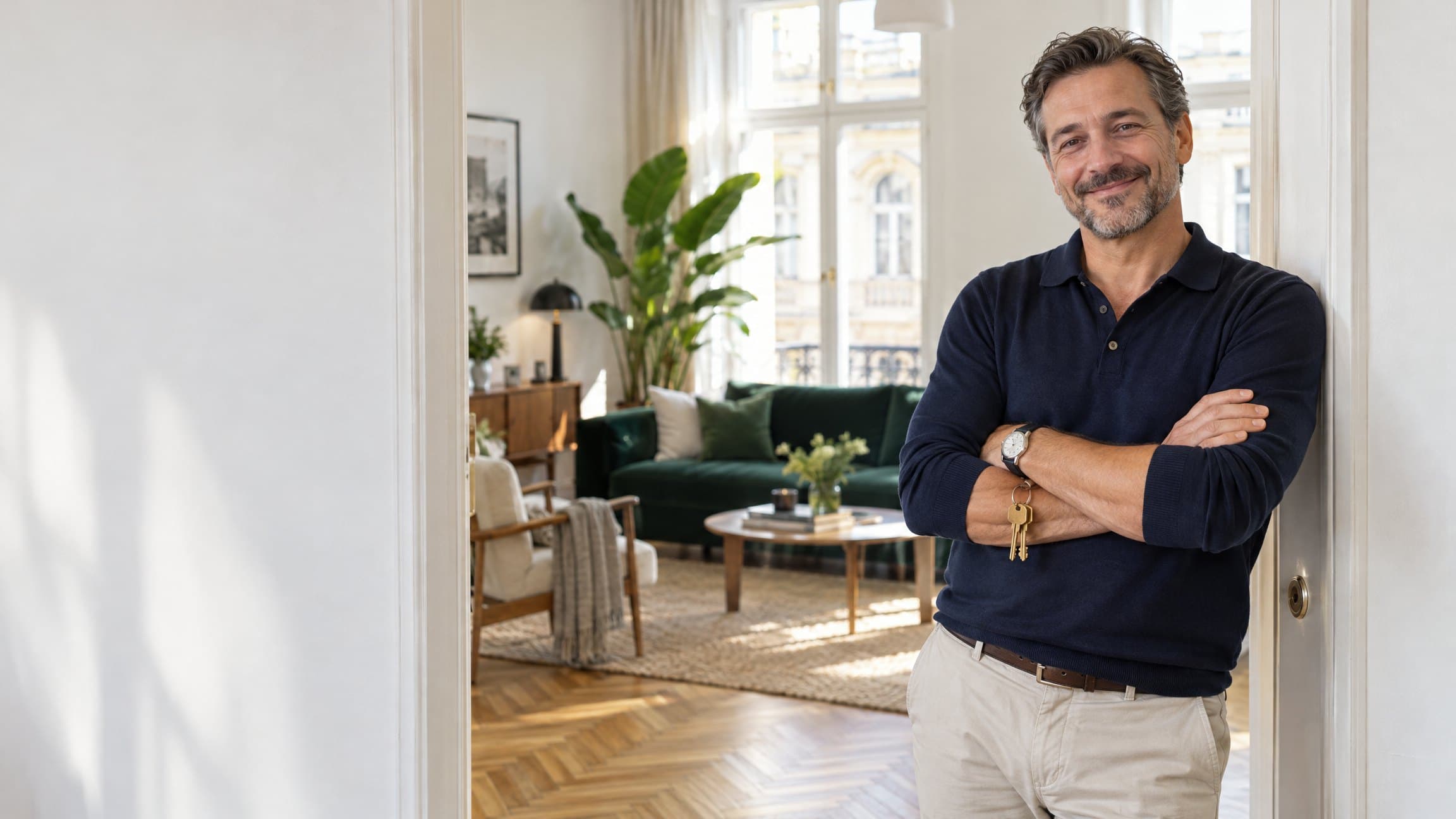 A smiling landlord in the doorway of his renovated, furnished flat, holding the keys.