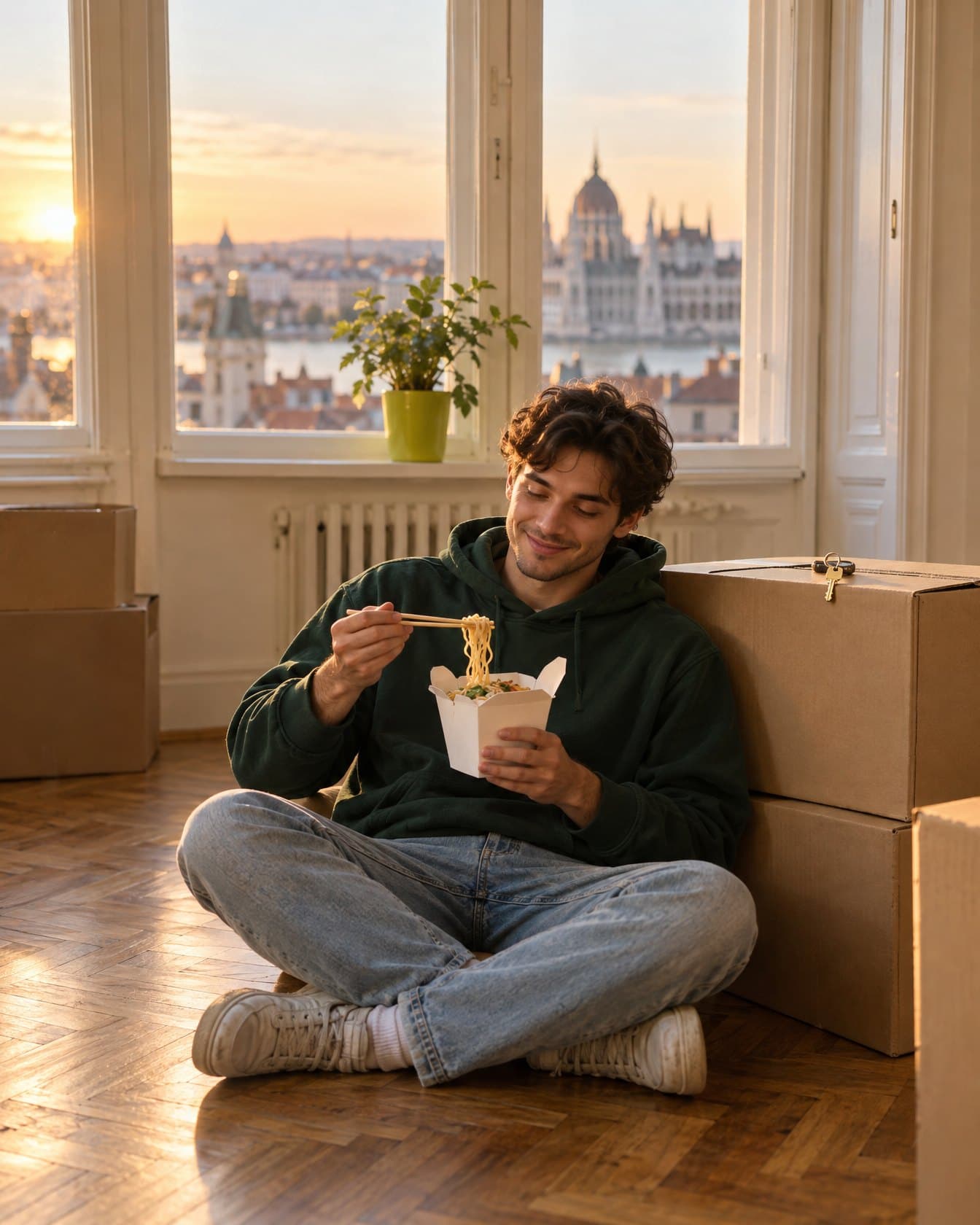 A young man sitting on the parquet floor of his new flat, eating dinner next to the moving boxes.