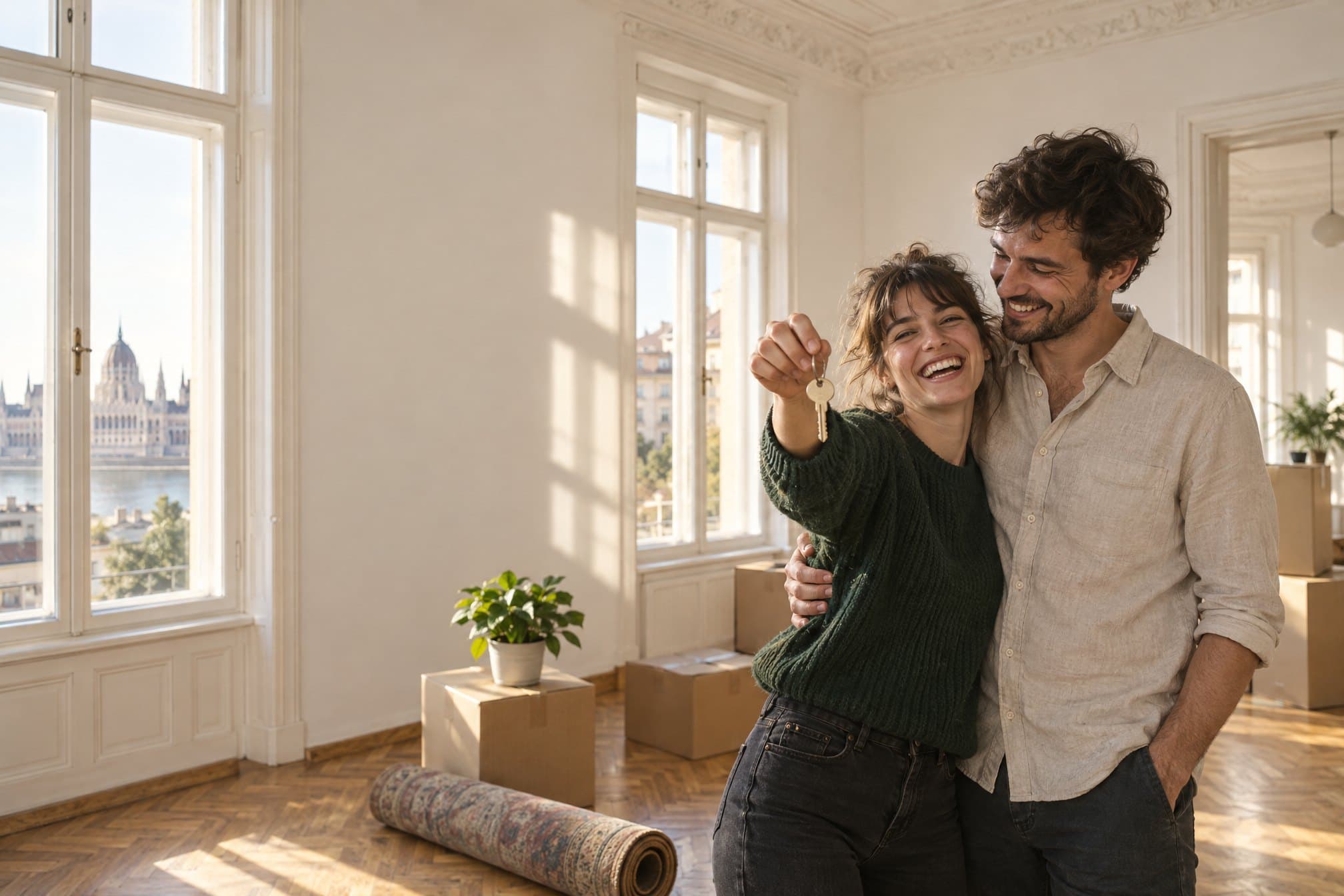 A young couple laughing and holding up the key to their new rental in a bright Budapest apartment, among moving boxes.